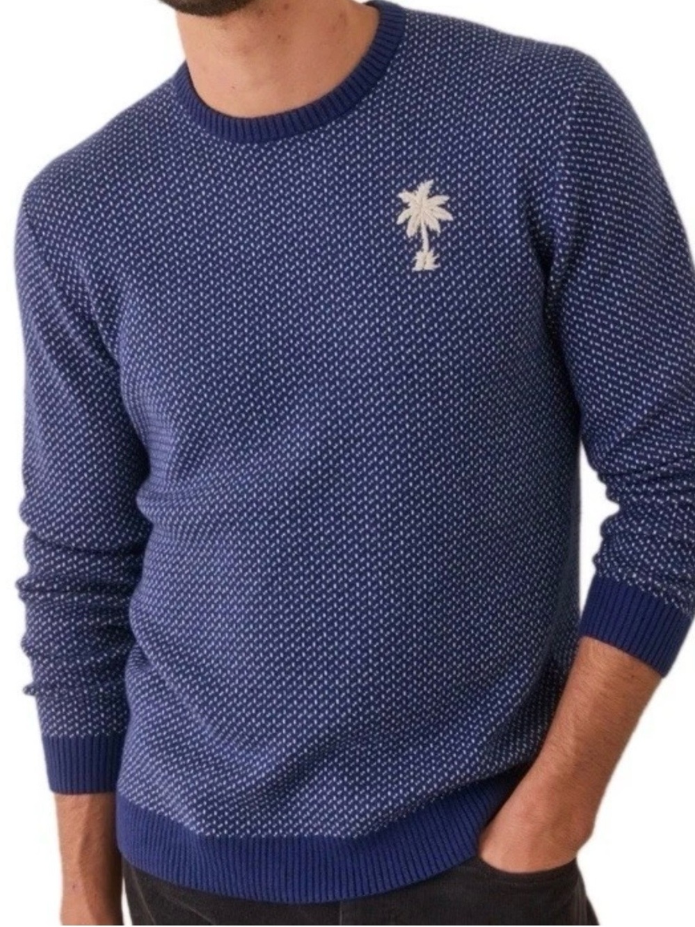Marine Layer Birdseye Crewneck Sweater Navy Blue Palm Tree Embroidered Medium